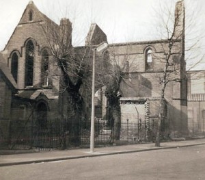 The bombed out St Thomas’ church on the corner of Kensal Road and West Row, about 1961.